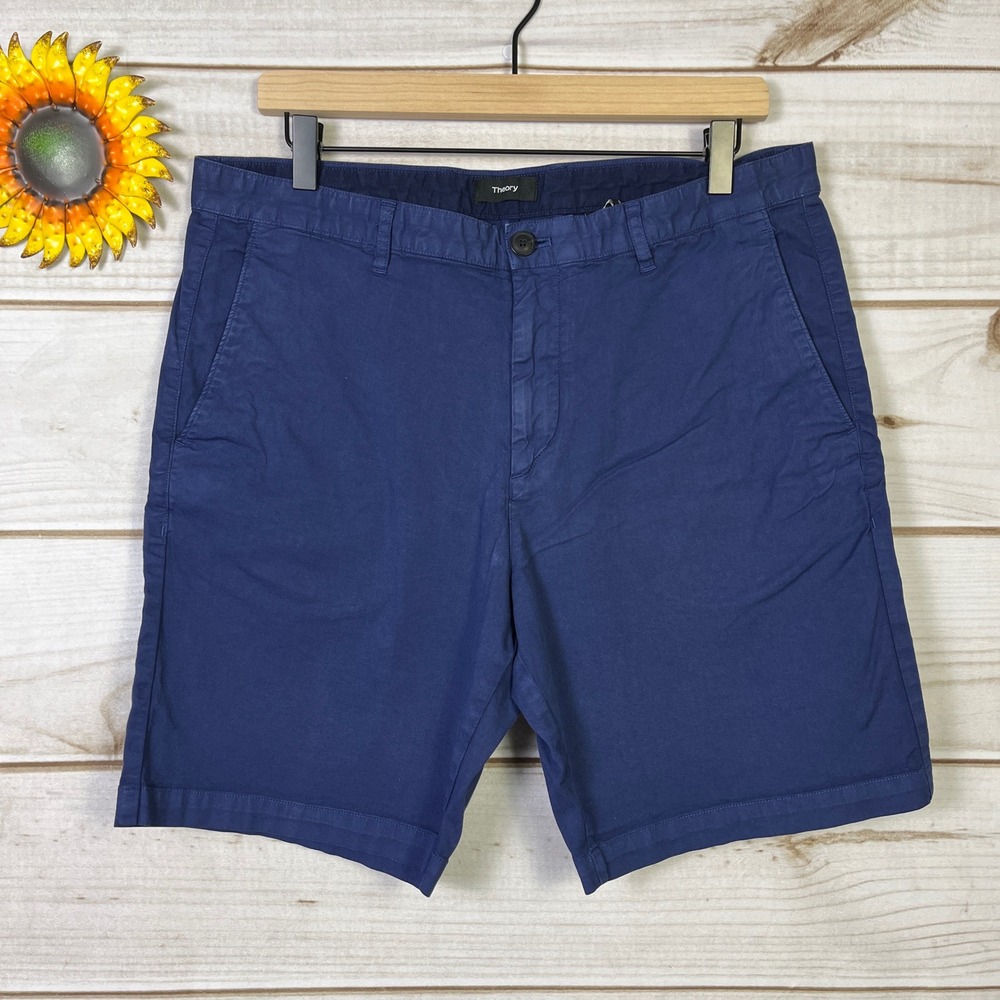 Theory Mens Navy Blue Flat Front Chino Shorts Size 33 Cotton Blend Casual